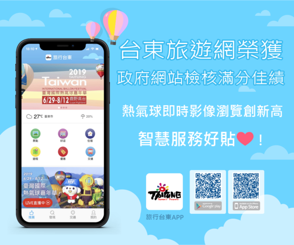 台東旅遊網榮獲政府網站檢核滿分佳績，旅行台東APP下載qrcode