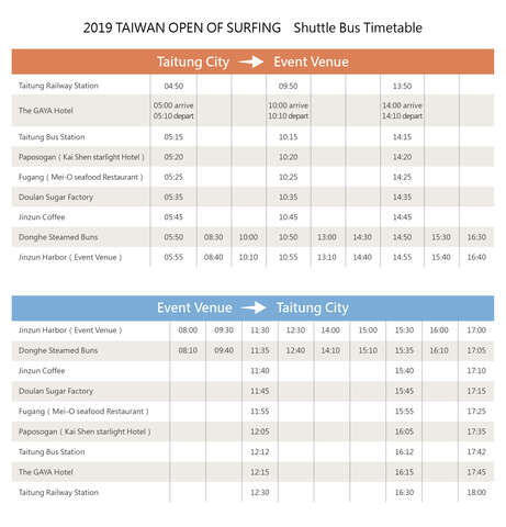 2019 Taiwan open of surfing-Shuttle-Bus-Timetable