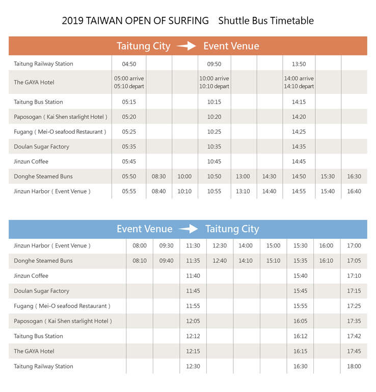 Taiwan Open of Surfing Shuttle Bus Timetable