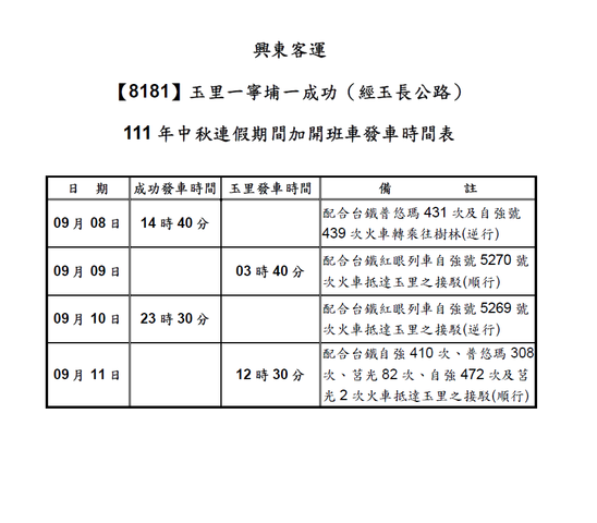 111中秋連假期間加開班車發車時間表