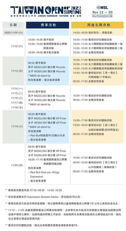 2022台湾国际冲浪公开赛活动日程表