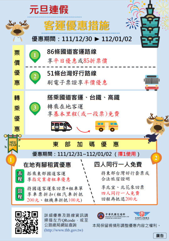 交通部公路总局112元旦连假东部限定版公共运输优惠措施