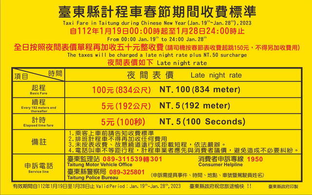 2023台東春節期間計程車收費標準表