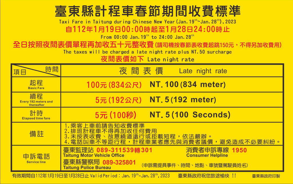 2023台東春節期間收費標準表