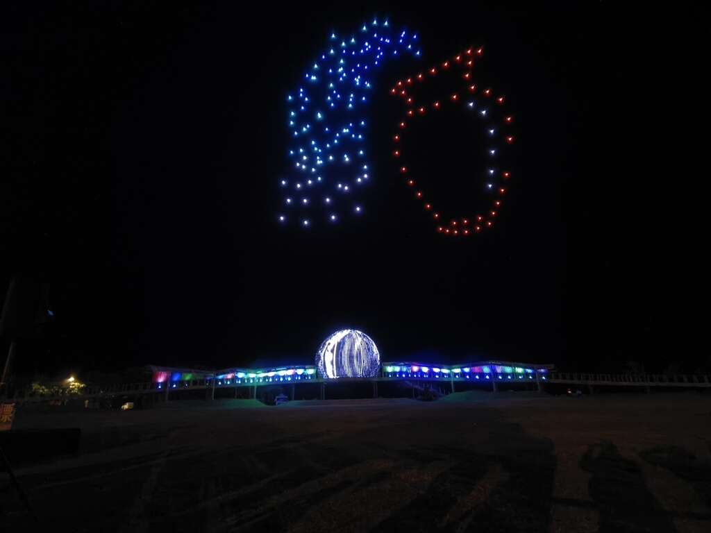 2月28日开幕活动以200架次无人机进行开幕启动仪式，以群飞方式向国际地标圆形建筑注入生命之水_照片为台东县政府提供