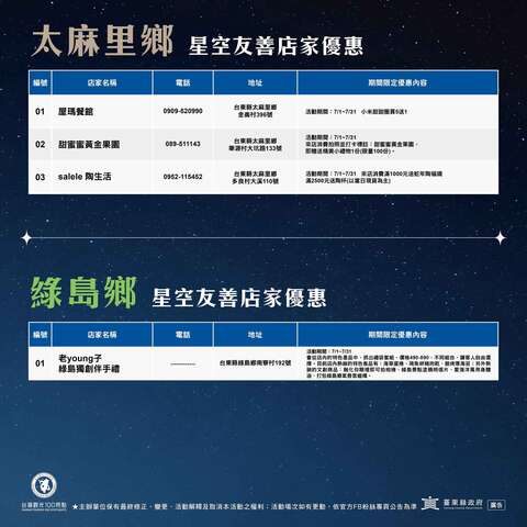 太麻里鄉、綠島鄉星空友善店家優惠
